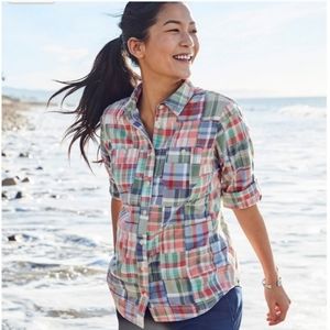 L.L. Bean Plaid Madras Denim Blue Patchwork Shirt 100% Cotton Women's XL